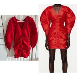 Zara Red Mini Organza Dress, Dramatic Structured Sleeves, Fitted, Pleated Size S